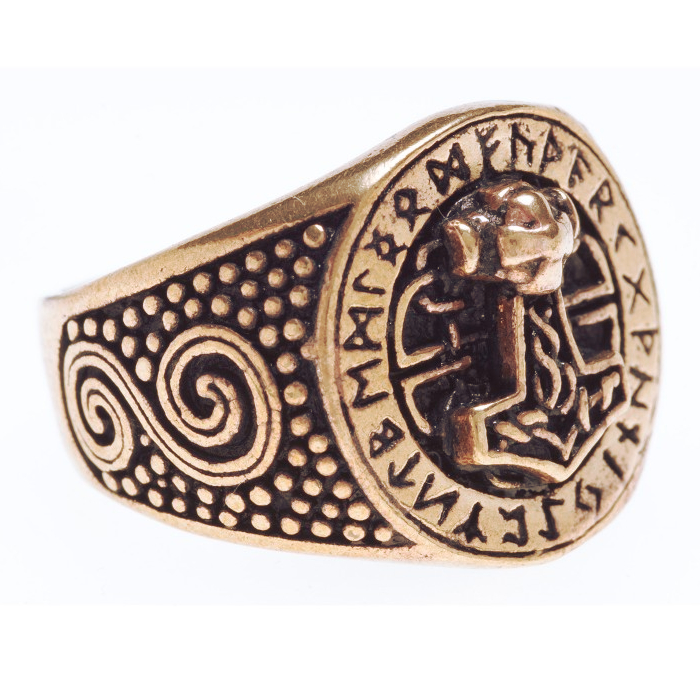 Bronzový prsten Thorovo kladivo s runami